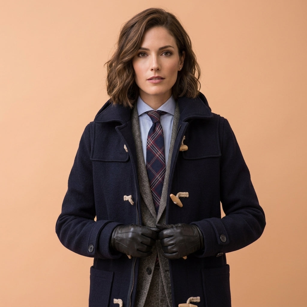 A woman wearing a navy blue wool duffle coat over a gray cardigan, light blue shirt, and a navy plaid tie, with black leather gloves, posed against a solid peach background.