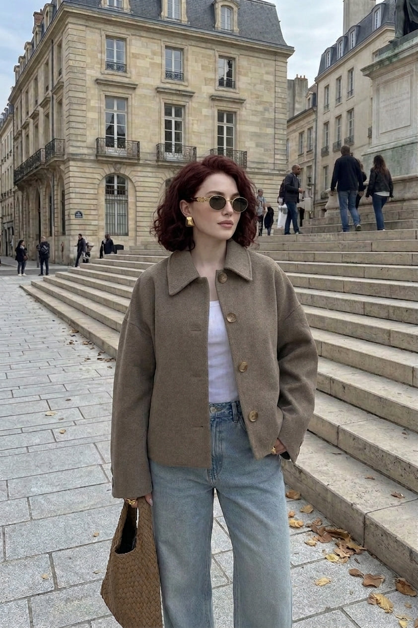 A woman with red hair and sunglasses stands on stone steps in front of a classical stone building, wearing a brown cropped jacket over a white top and light blue jeans, holding a woven brown bag.