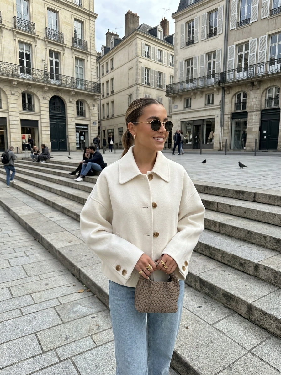 A woman wearing a cream-colored oversized coat, light blue jeans, and sunglasses stands on stone steps in a European city square, holding a brown woven handbag.
