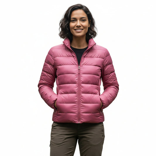 A woman stands in a white studio wearing a pink puffer jacket, olive green pants, and dark boots.