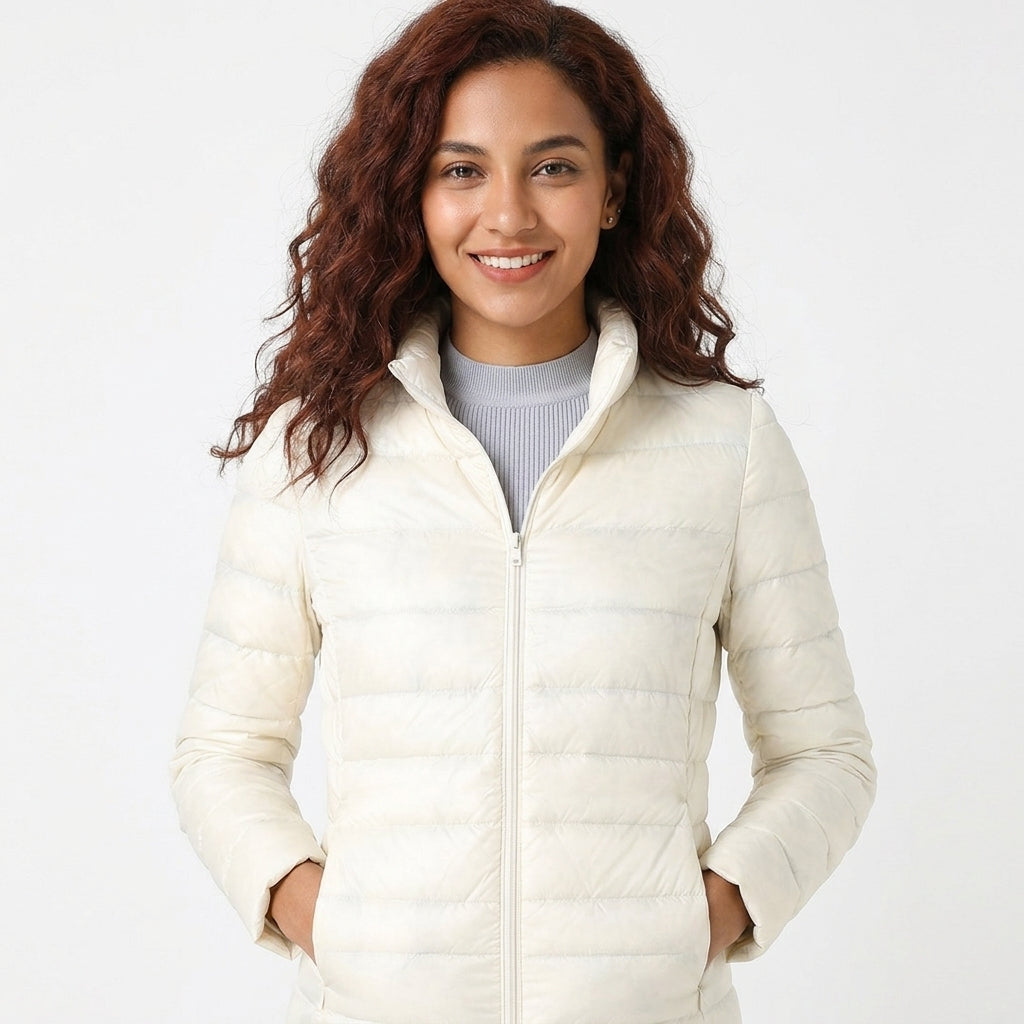 A woman with wavy brown hair wearing a cream-colored puffer jacket over a light gray ribbed top, photographed against a solid white studio background.