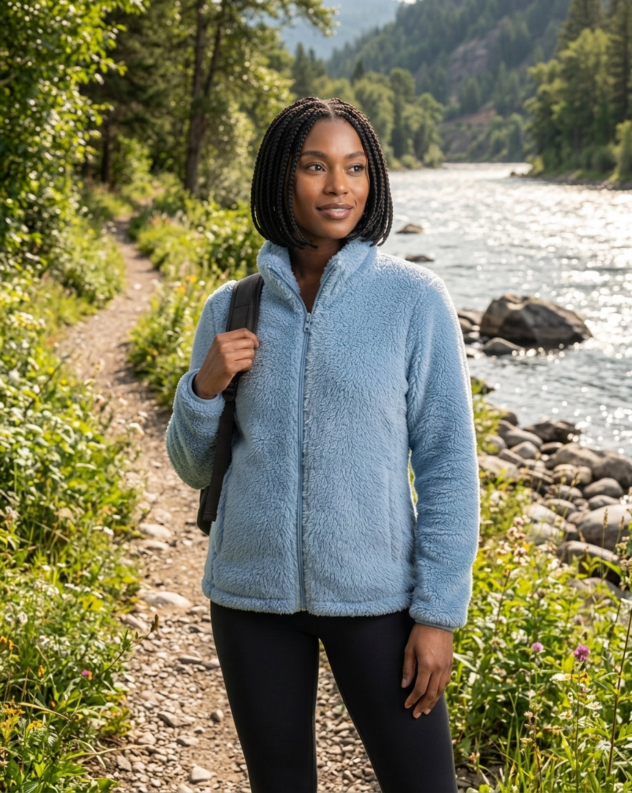 A woman standing on a forest path next to a river, wearing a light blue sherpa zip-up fleece jacket, black leggings, and carrying a black backpack.
