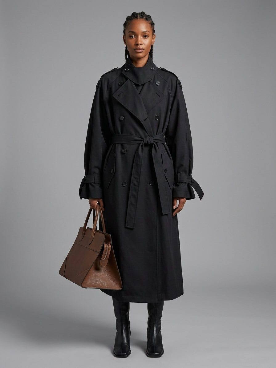A model stands against a neutral gray studio background wearing a long black double-breasted trench coat with a waist tie, black boots, and holding a brown leather tote bag.