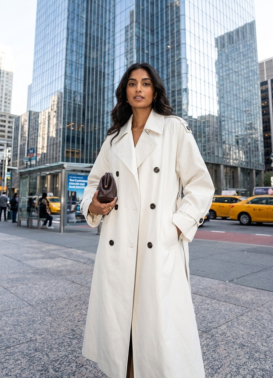 A woman wearing a long cream-colored double-breasted trench coat stands on a city sidewalk with tall glass skyscrapers and yellow taxis in the background.