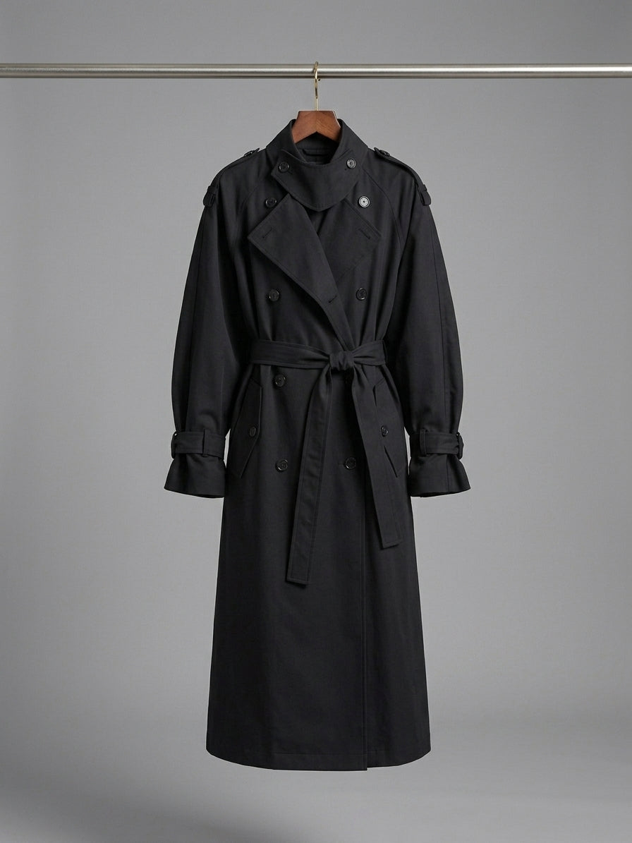 A black double-breasted trench coat with a self-tie belt, hanging on a wooden hanger against a neutral gray studio background.
