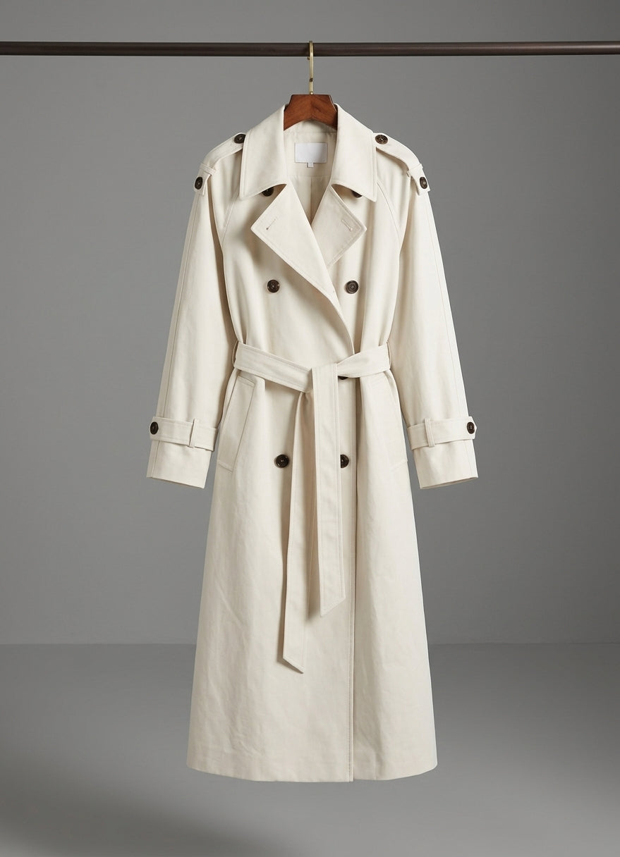An off-white double-breasted trench coat with a matching waist belt, hanging on a wooden hanger against a neutral gray studio background.