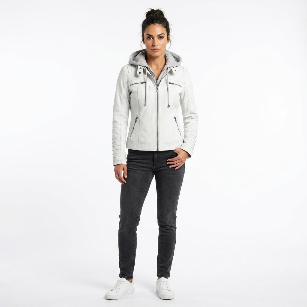 A woman modeling a light gray hooded jacket with silver zipper details, paired with dark gray skinny jeans and white sneakers, against a plain white studio background.
