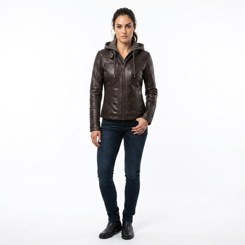 A woman modeling a dark brown leather hooded jacket, paired with dark blue skinny jeans and black boots, standing against a plain white studio background.