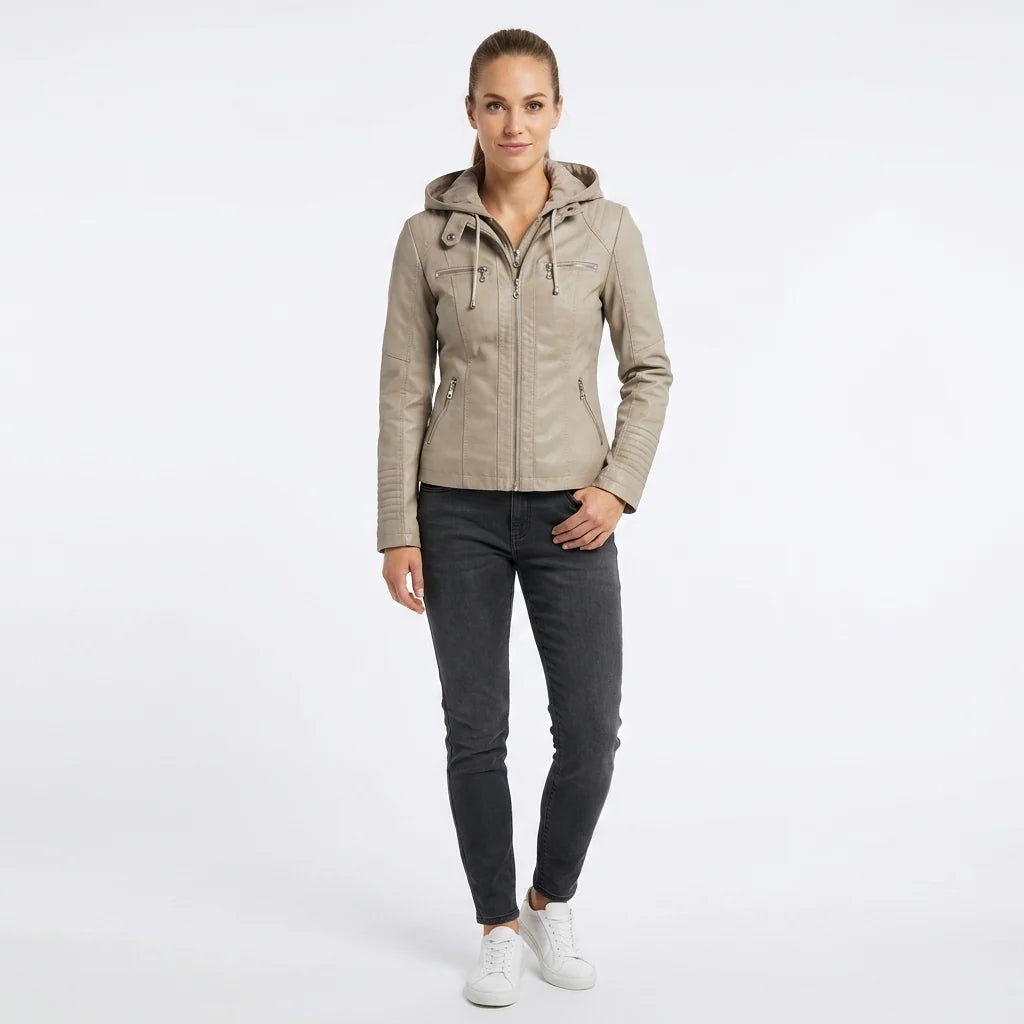 Elegant Women's Leather Jacket with Removable Hood | Waterproof & Windproof Design for All Seasons