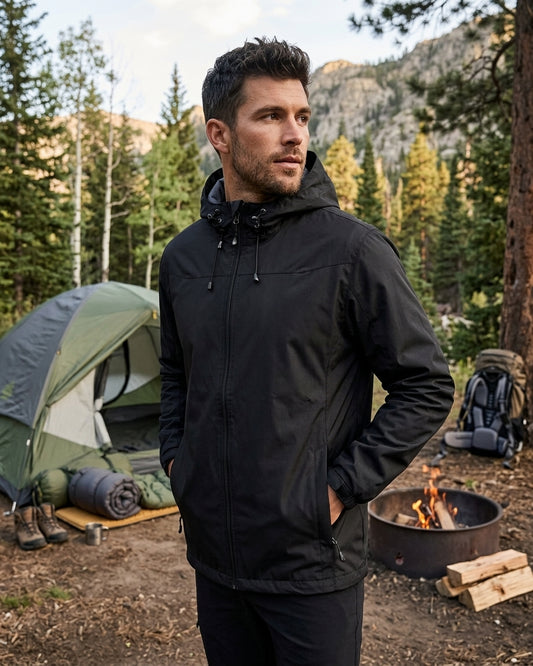 A man wearing a black hooded outdoor jacket stands in a forest campsite setting with a tent, fire pit, and backpack visible in the background.