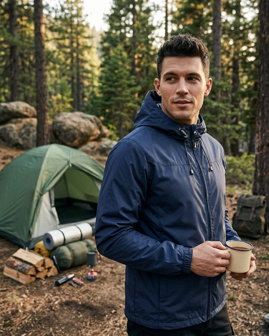 A man wearing a navy blue hooded jacket stands in a forest campsite setting, holding a mug. A green tent, logs, and camping gear are visible in the background.