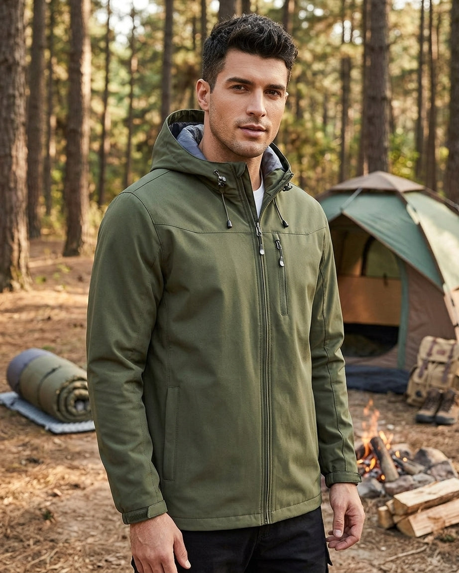 A man wearing an olive green hooded zip-up jacket stands in a forest campsite setting with a tent and fire visible in the background.