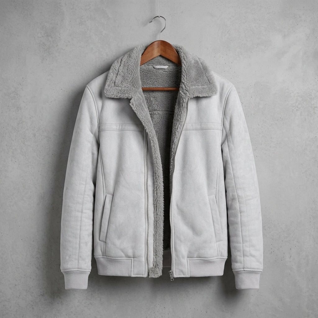 A light gray faux-suede jacket with a plush gray sherpa lining, hanging on a wooden hanger against a textured gray wall.