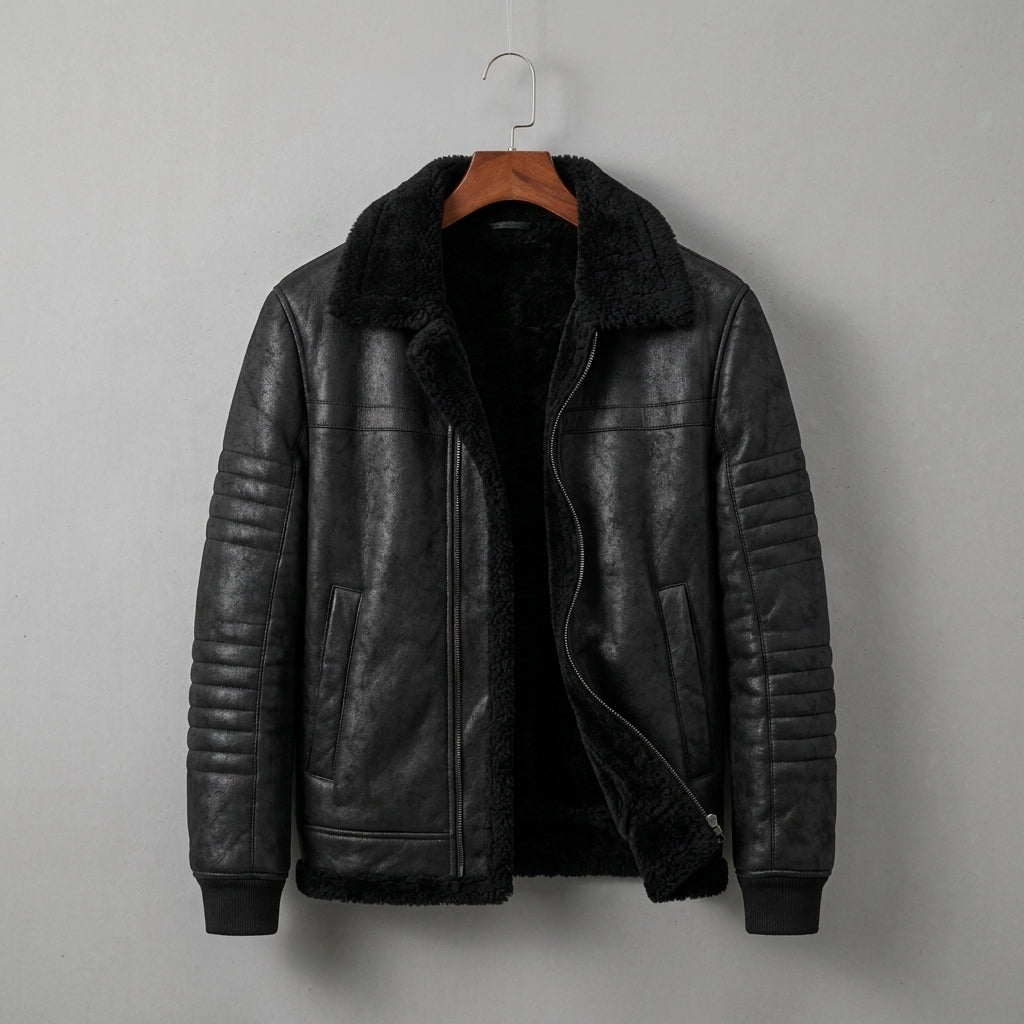 A black faux-leather jacket with a plush black faux-fur collar and lining, hanging on a wooden hanger against a plain gray wall.