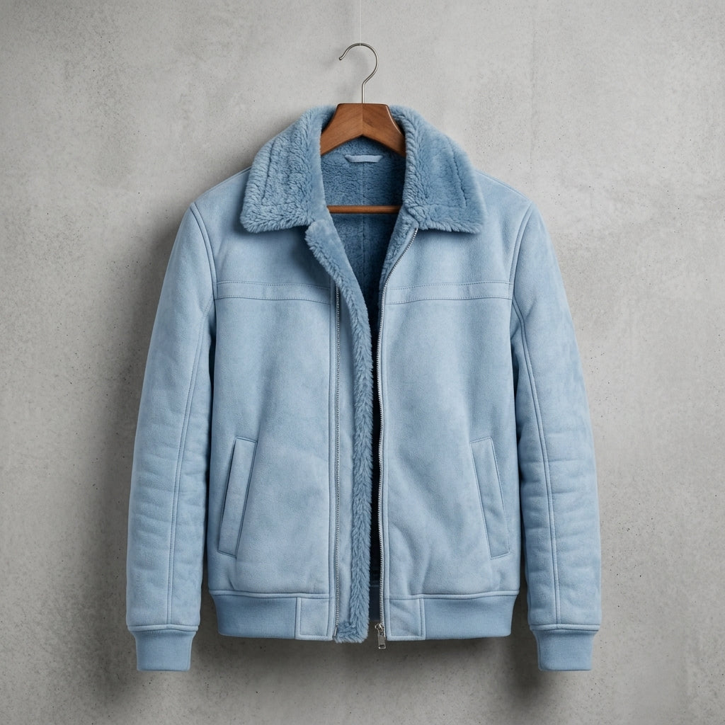 A light blue suede jacket with a plush sherpa lining, hanging on a wooden hanger against a textured gray wall.