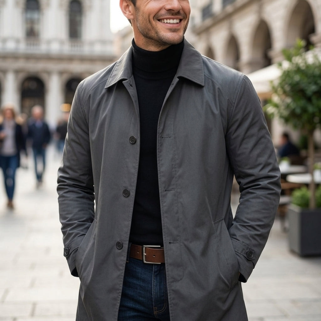 A man wearing a dark gray trench coat over a black turtleneck sweater and blue jeans, standing in a blurred outdoor urban setting with buildings and pedestrians in the background.
