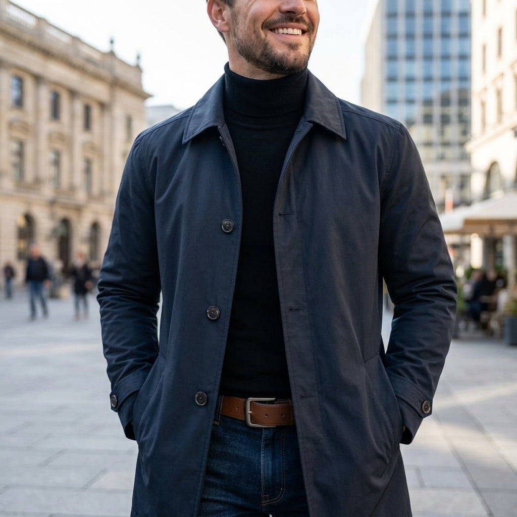 A man wearing a dark navy blue trench coat over a black turtleneck sweater, blue jeans, and a brown leather belt, standing in a city square with blurred buildings in the background.
