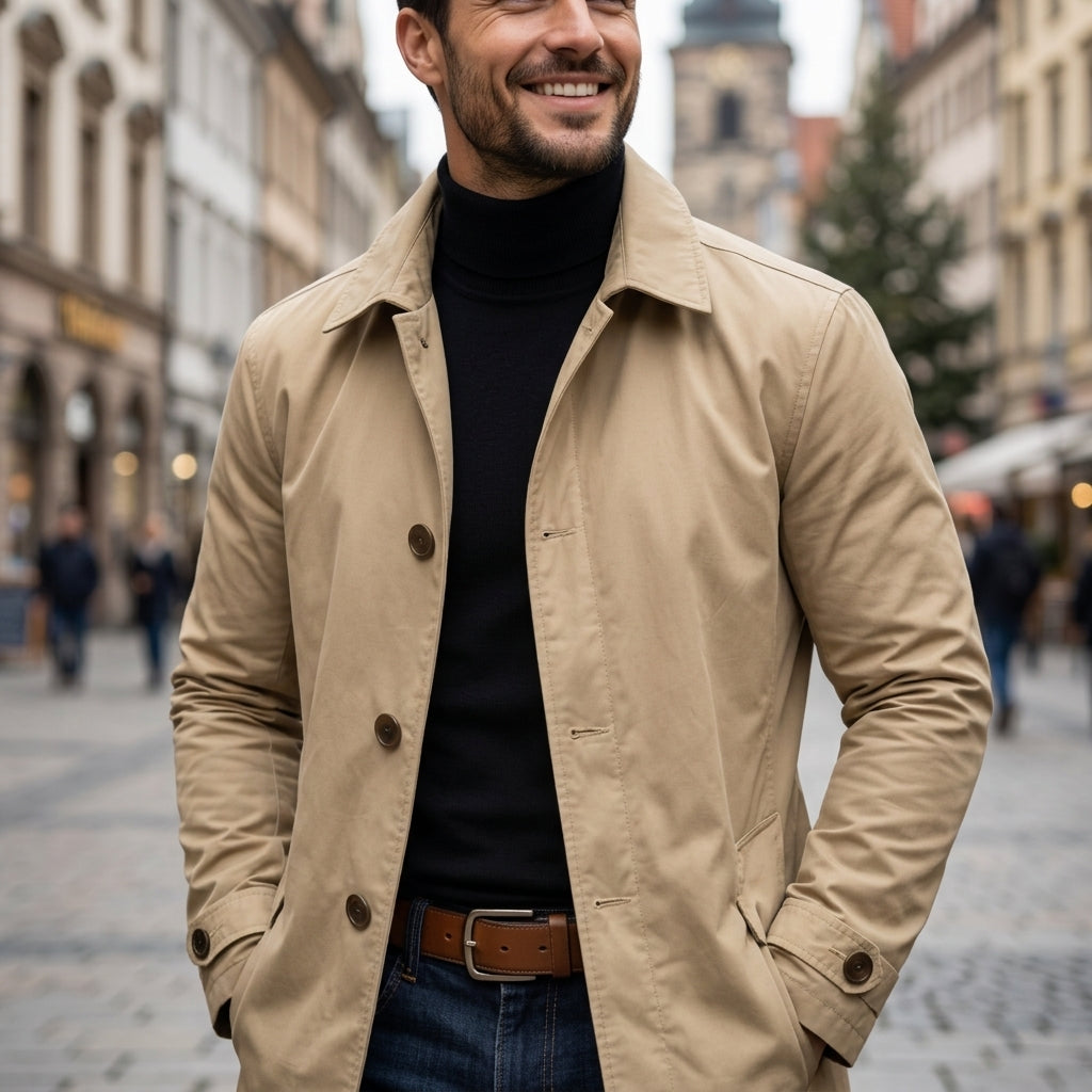 A man wearing a beige trench coat over a black turtleneck sweater, blue jeans, and a brown belt, standing in a blurred city street.