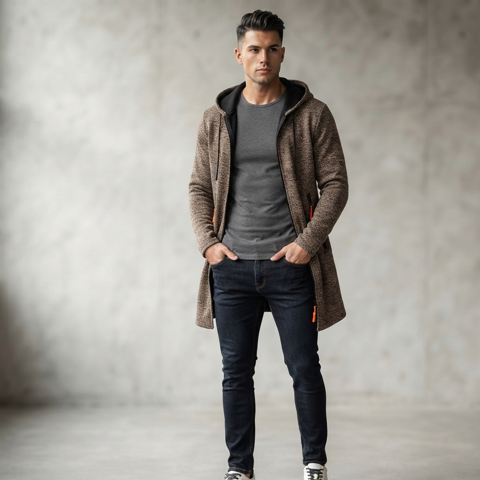 A man stands in a studio wearing a brown textured hooded cardigan over a gray t-shirt, dark blue jeans, and white sneakers against a textured gray concrete wall.