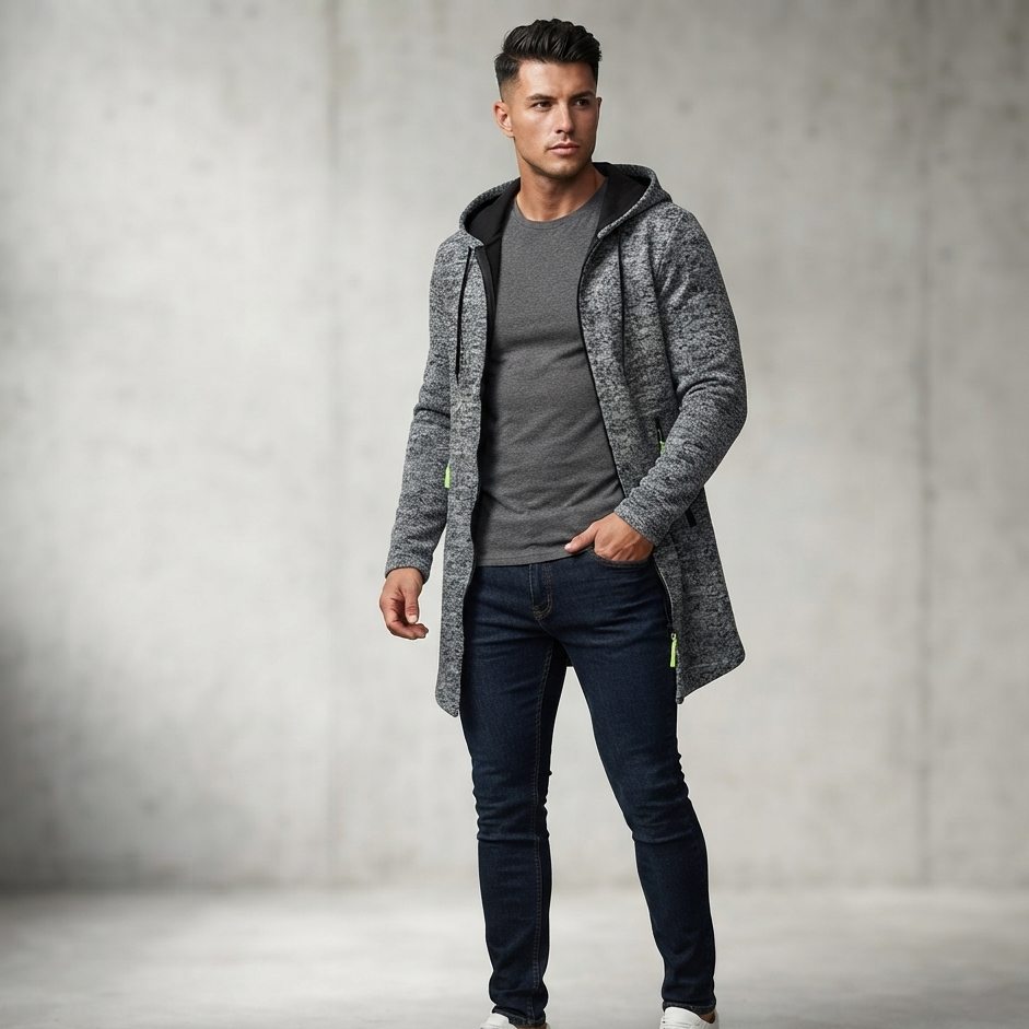 A man modeling a gray hooded knit cardigan over a dark gray t-shirt, dark blue jeans, and white sneakers, standing against a textured gray concrete wall.