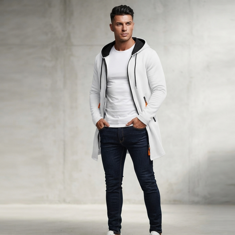 A man modeling a white hooded zip-up jacket with black trim over a white t-shirt and dark blue jeans, standing against a textured concrete wall.