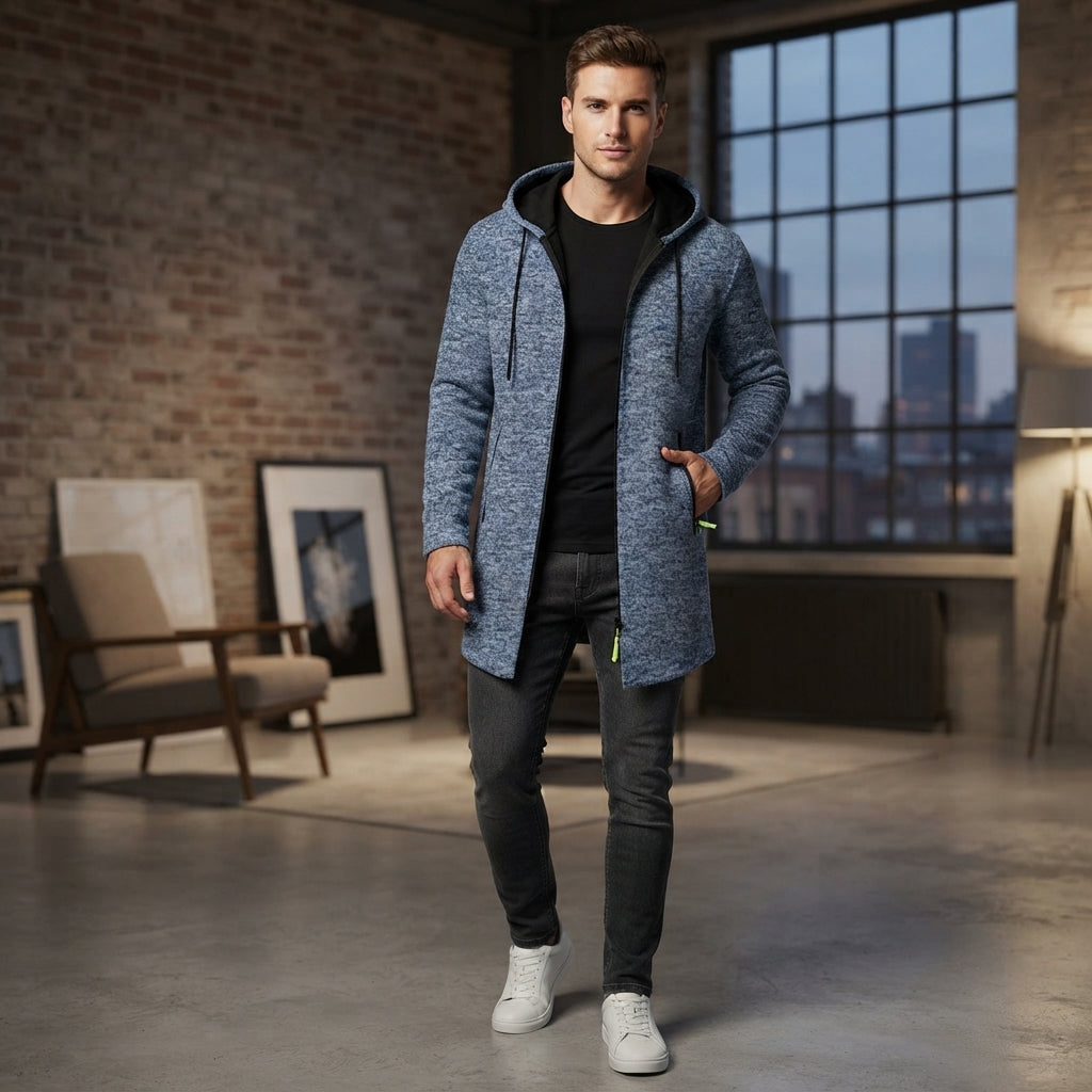 A man wearing a blue heathered hooded zip-up jacket over a black shirt and dark gray jeans, standing in a modern loft-style room with a brick wall and large window.