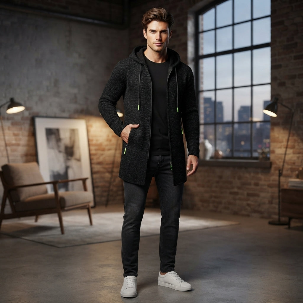 A man stands in a loft-style room wearing a dark charcoal zip-up hoodie with bright green drawstrings and zipper accents, a black t-shirt, black jeans, and white sneakers.