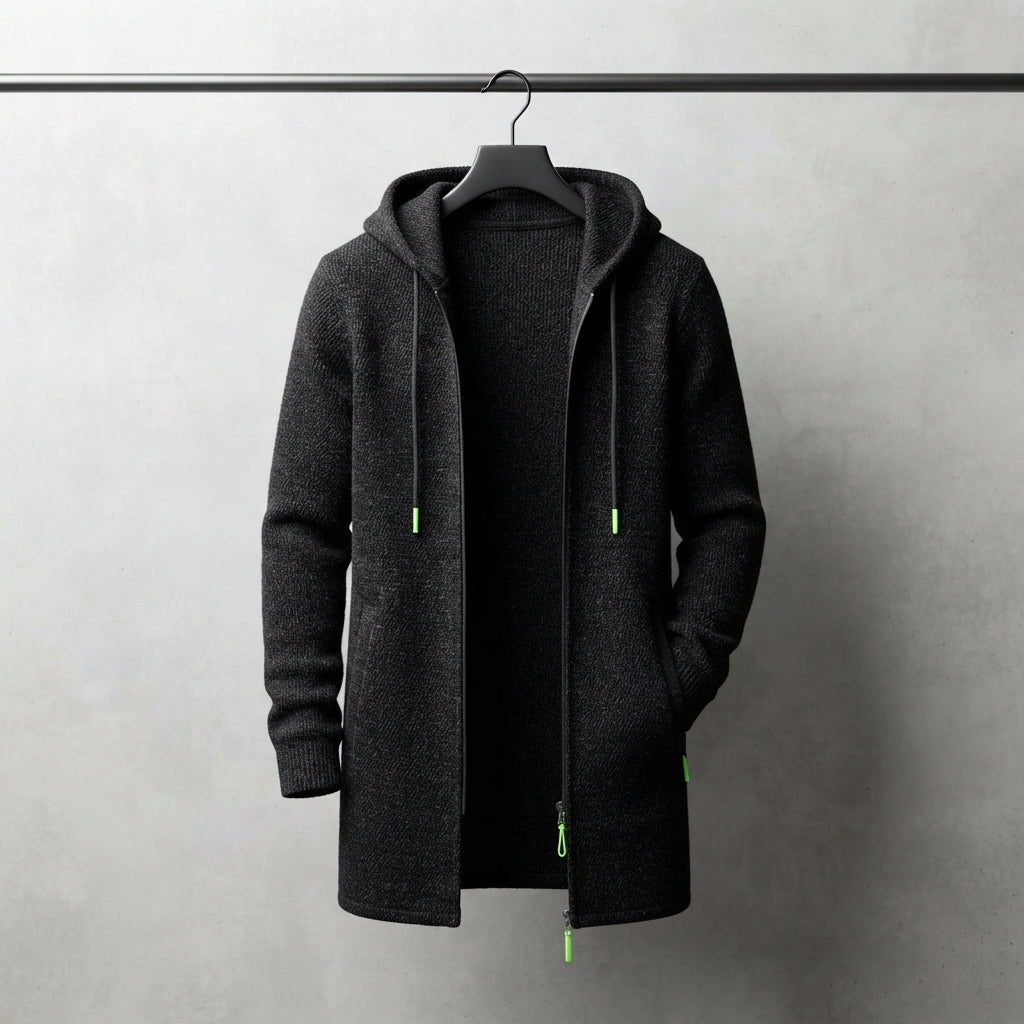 A dark charcoal gray zip-up hoodie jacket with bright neon green zipper pulls, hanging on a black hanger against a textured gray wall.