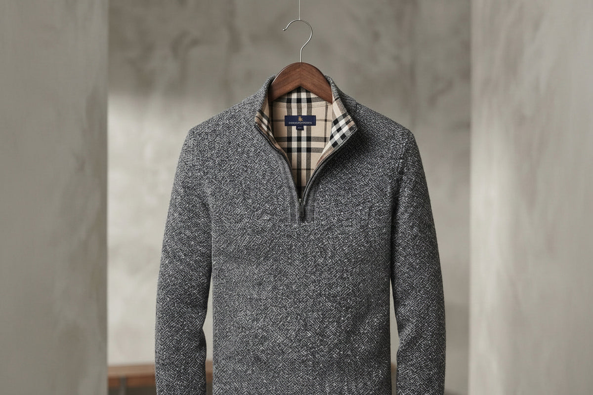 A gray heathered quarter-zip knit sweater hanging on a wooden hanger against a textured gray studio backdrop. The sweater has a checked lining visible at the collar and a silver-toned shoulder pin.