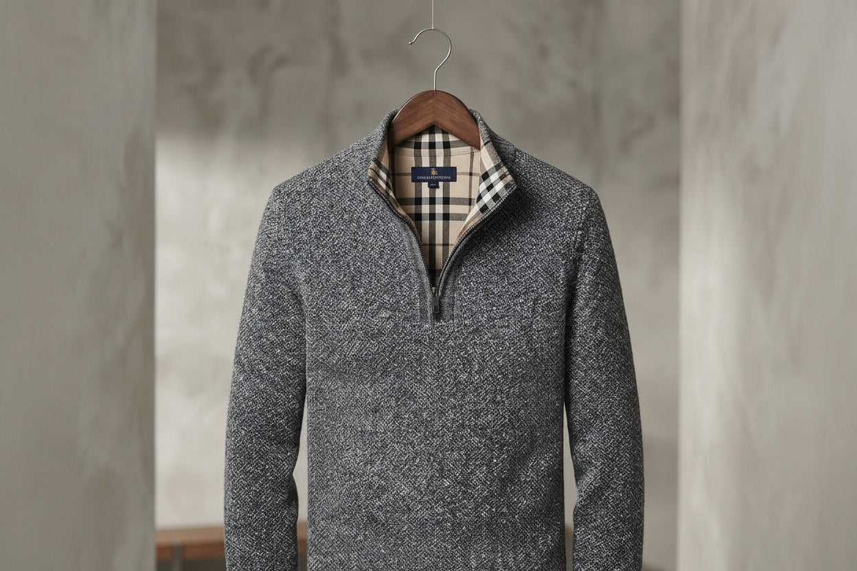 A gray heathered quarter-zip knit sweater hanging on a wooden hanger against a textured gray studio backdrop. The sweater has a checked lining visible at the collar and a silver-toned shoulder pin.