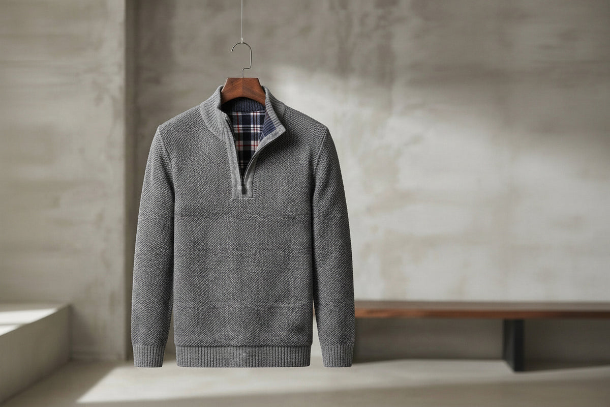 A gray textured knit quarter-zip sweater with a half placket, hanging on a wooden hanger against a textured concrete wall background.