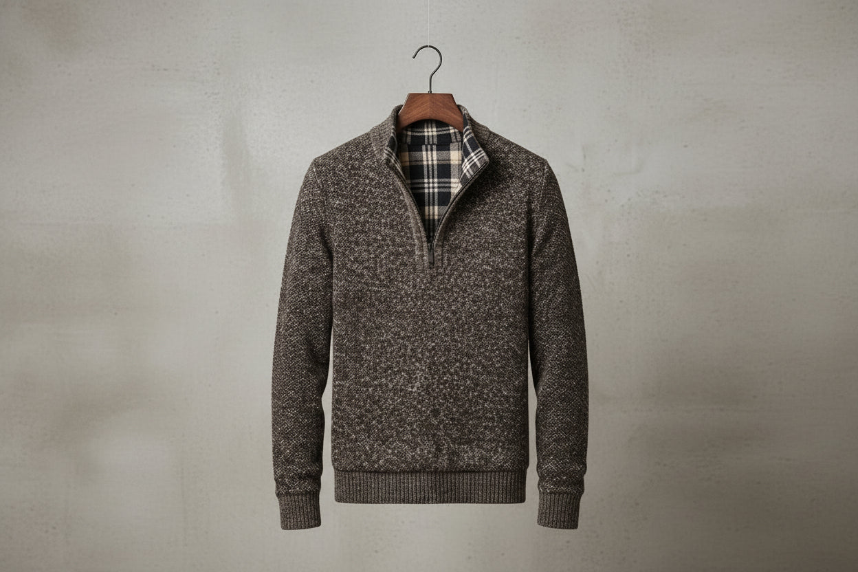 A men's quarter-zip knit sweater in a dark brown and gray heathered pattern, hanging on a wooden hanger with a plaid shirt visible inside the collar, set against a textured gray background.