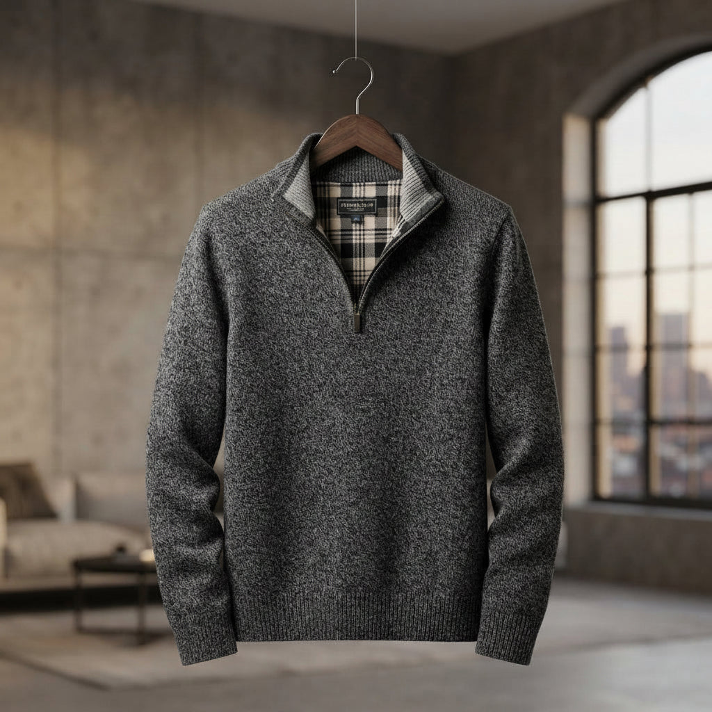 A dark gray heathered quarter-zip knit sweater hanging on a wooden hanger in a loft-style room with concrete walls and a large window.