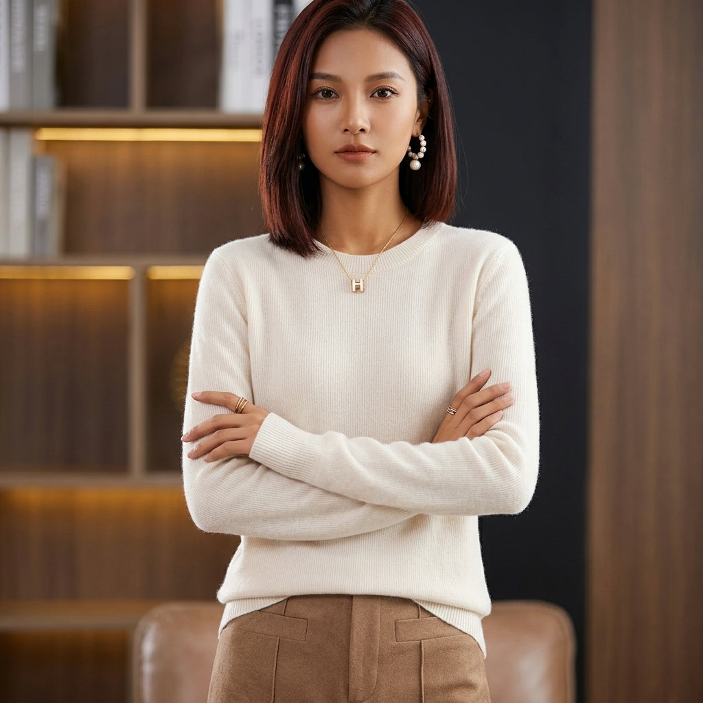 A woman with shoulder-length auburn hair stands with arms crossed, wearing a cream-colored ribbed knit sweater and brown trousers in an indoor setting with warm lighting.