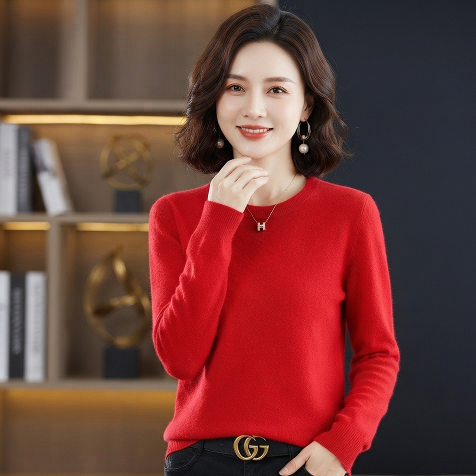 A woman wearing a bright red long-sleeve knit sweater and black pants with a gold double-G buckle belt, standing in front of a dark interior background with bookshelves.