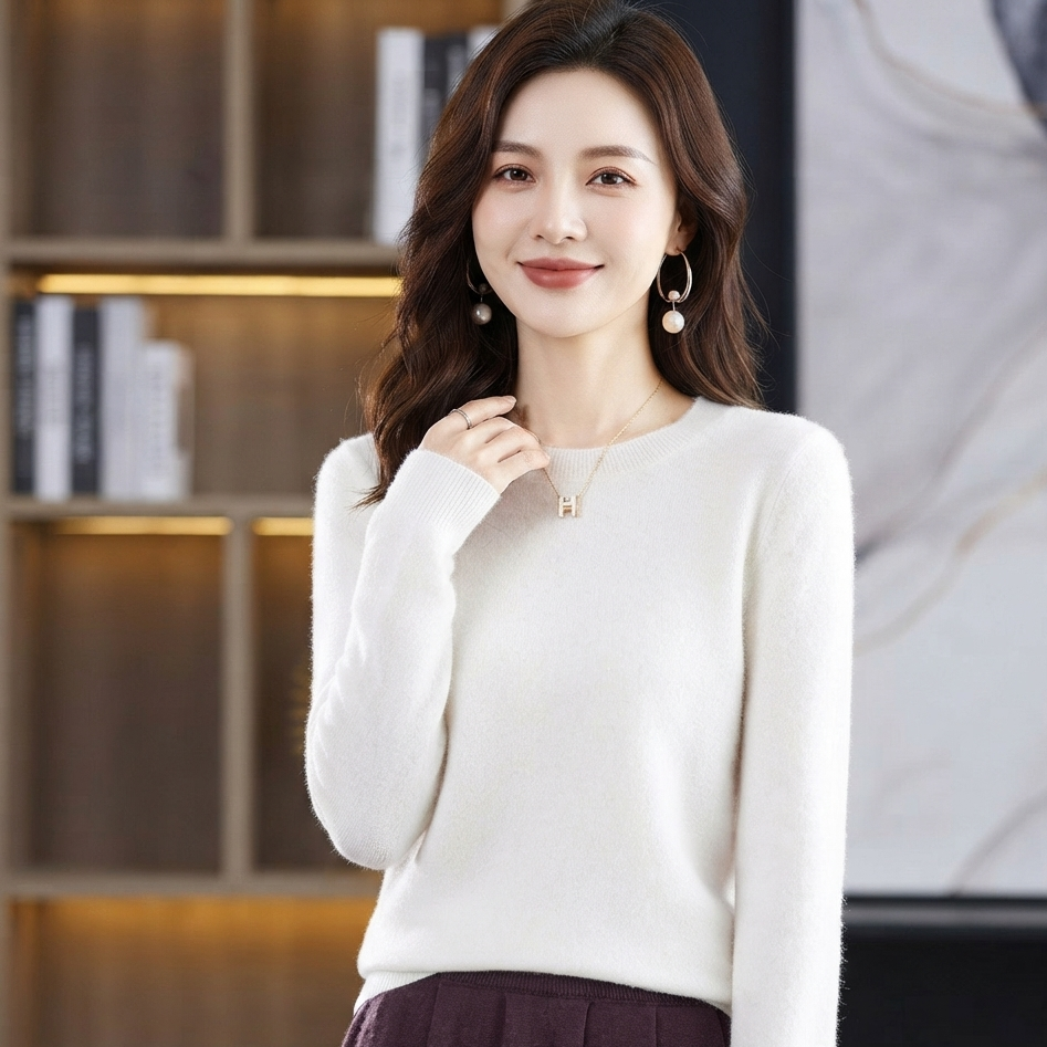 A woman wearing a soft white long-sleeve knit sweater and a dark purple pleated skirt, standing in front of a modern indoor background with shelves and a large framed artwork.