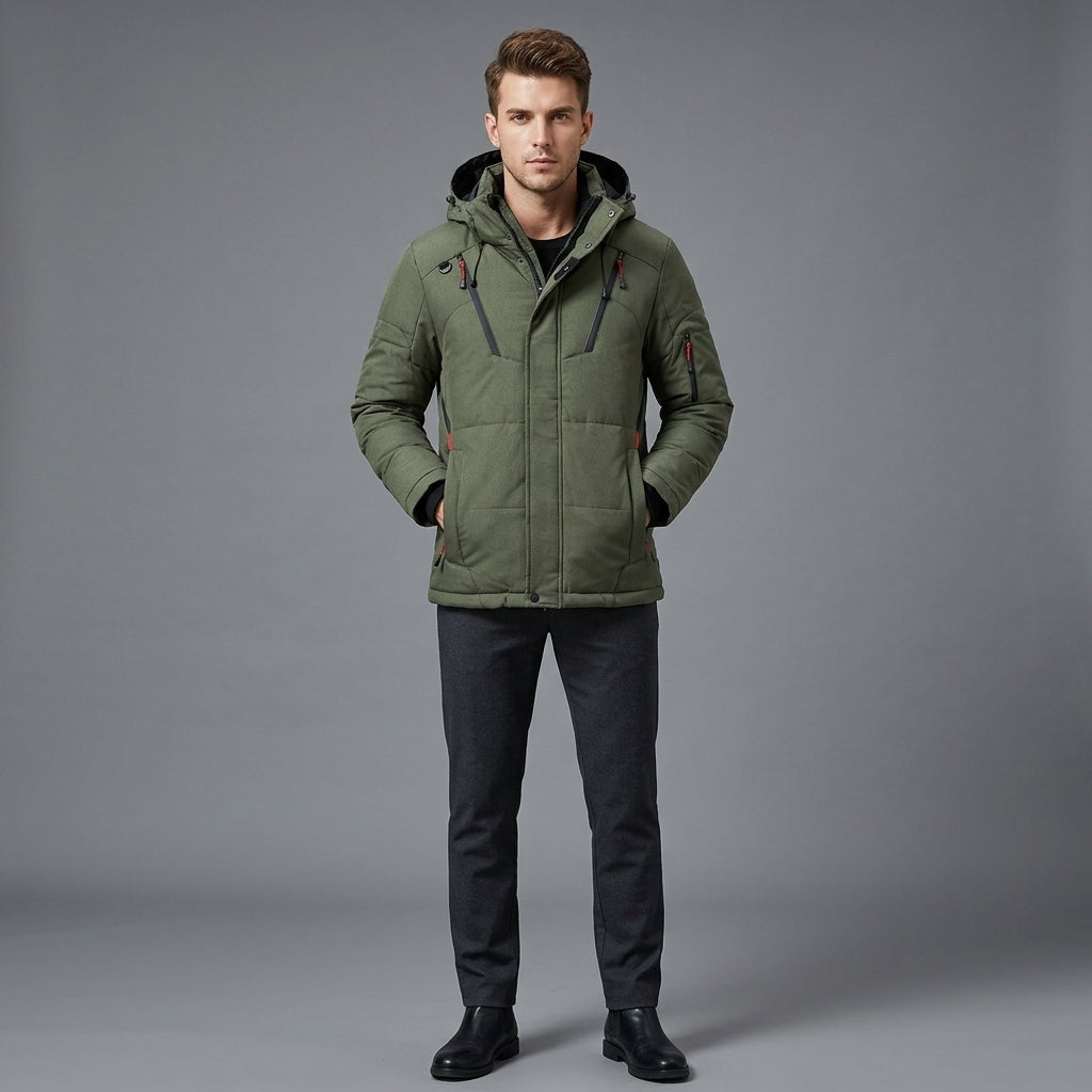 A man wearing an olive green hooded puffer jacket, dark gray pants, and black shoes, standing against a solid gray studio background.