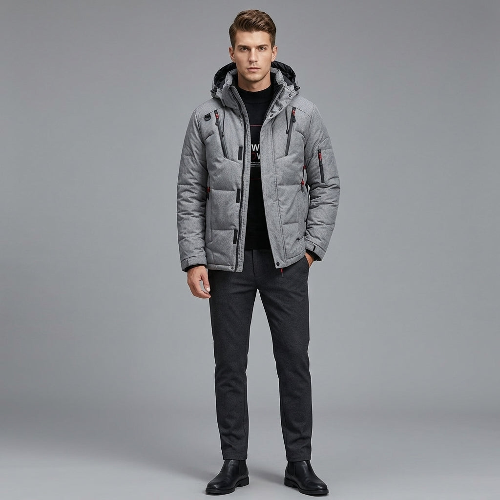 A man modeling a light gray puffer jacket with a black shirt, dark gray trousers, and black boots, standing against a solid gray studio background.