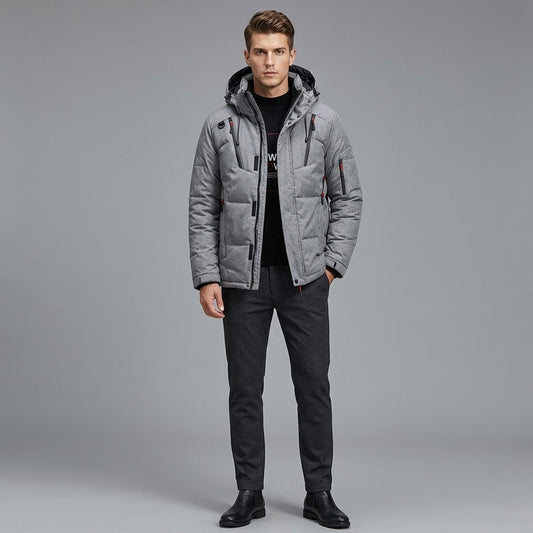 A man modeling a light gray puffer jacket with a black shirt, dark gray trousers, and black boots, standing against a solid gray studio background.