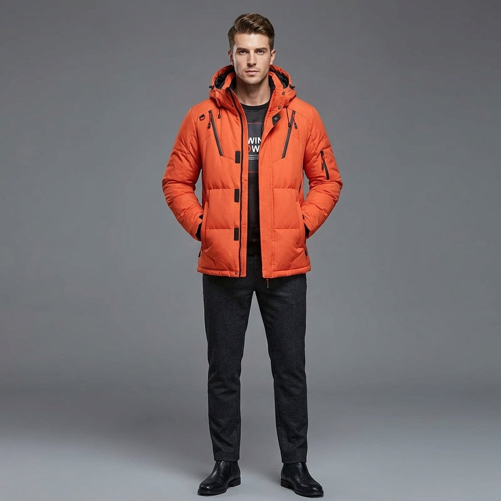A man wearing a bright orange hooded puffer jacket with black zippers and trim, paired with a black graphic t-shirt, black pants, and black boots, standing against a solid gray studio background.