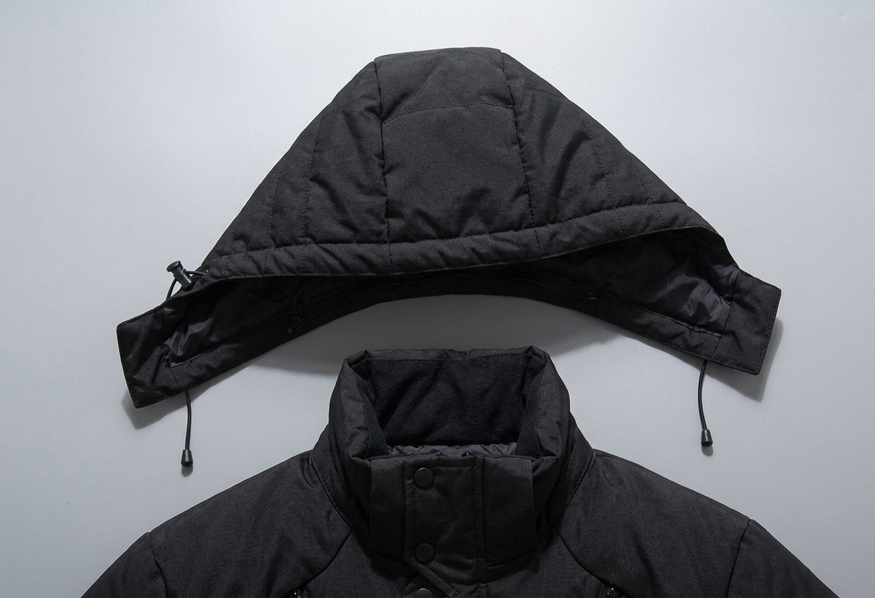 A black puffer jacket with a detachable hood, shown with the hood separated and laid above the main body of the jacket against a plain light gray background.