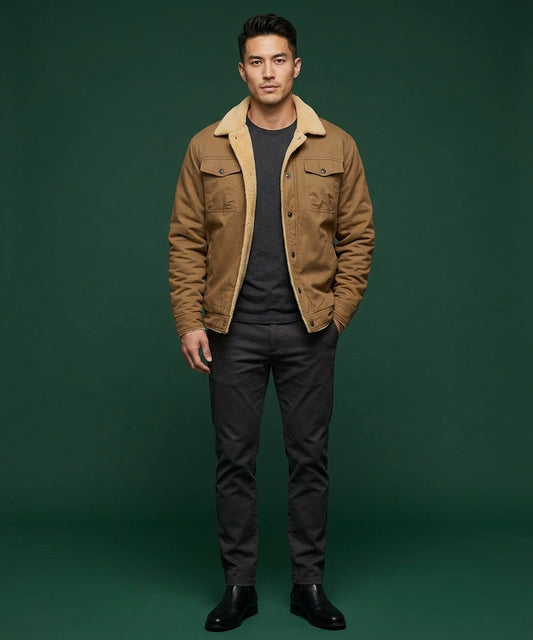 A man modeling a brown suede jacket with a tan shearling-style collar, worn over a dark gray t-shirt, dark gray trousers, and black boots, set against a solid dark green studio background.