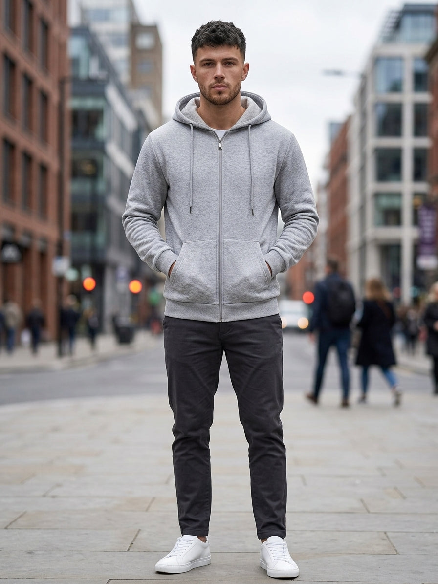 A man standing on a city street wearing a light gray zip-up hoodie, dark gray trousers, and white sneakers.