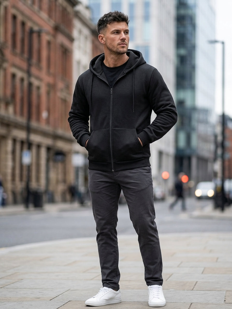 A man standing on a city street wearing a black zip-up hoodie, dark gray joggers, and white sneakers.