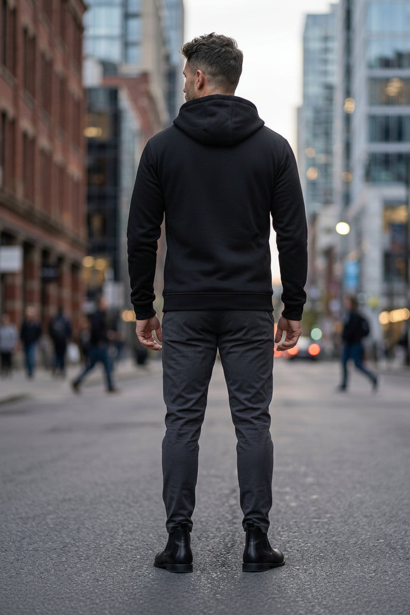 A man viewed from behind wearing a black quilted zip-up hoodie jacket, dark gray pants, and black boots, standing on a city street.
