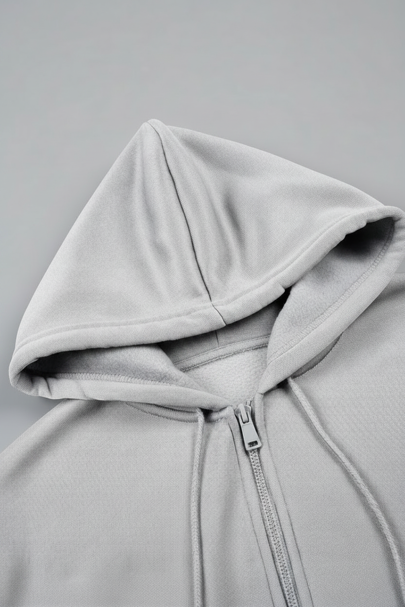 Close-up of a light gray zip-up hoodie showing the hood, drawstrings, and black zipper against a plain gray background.
