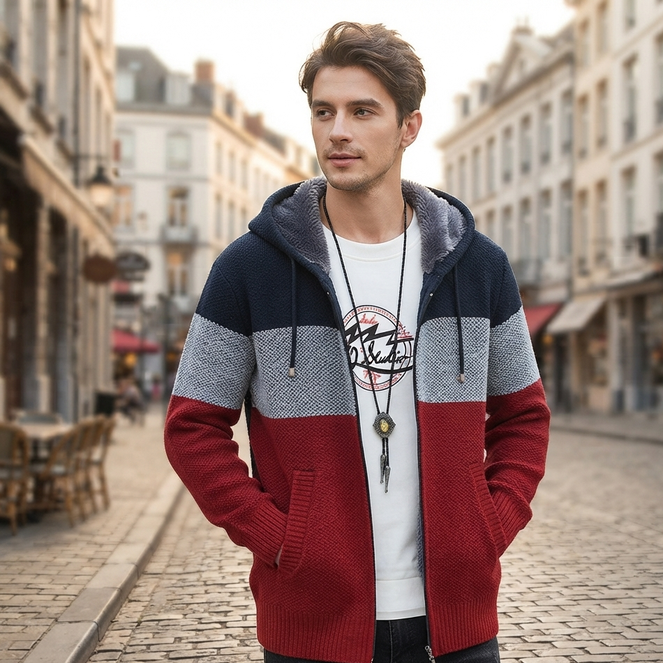 A man standing on a cobblestone street wearing a color-block knit zip-up hoodie with navy, gray, and red horizontal stripes, layered over a white graphic T-shirt and dark jeans.