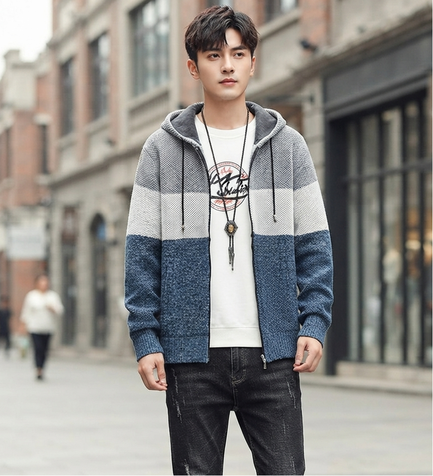 A man wearing a color-block zip-up hoodie with gray, white, and blue sections, layered over a white graphic t-shirt and black jeans, standing on a city street.