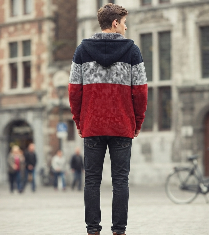A man viewed from behind wearing a color-block knit hoodie with navy, gray, and red horizontal stripes, paired with dark jeans and brown boots, standing in a European-style city square.