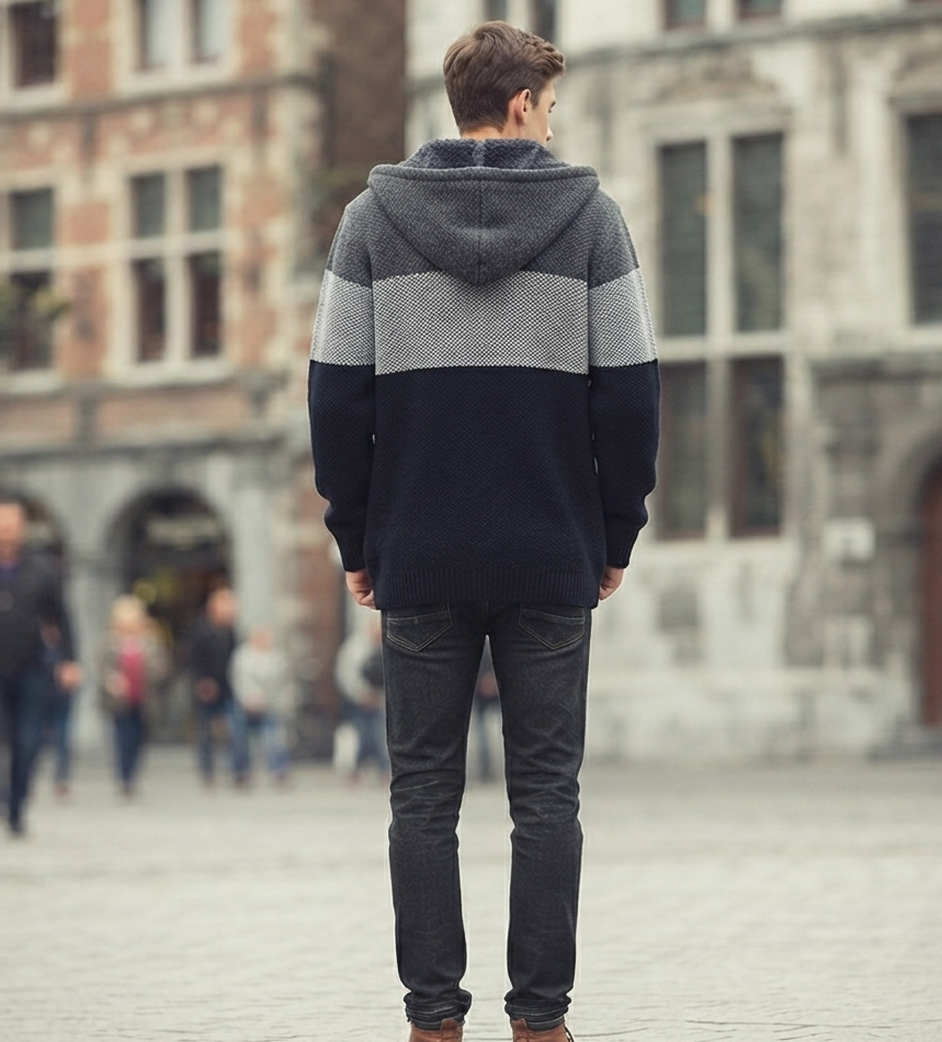 A man viewed from behind wearing a color-blocked knit hoodie with navy, gray, and light gray stripes, paired with dark gray jeans and brown boots, standing in a historic stone plaza.
